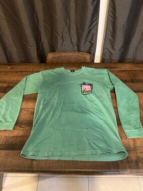 Stussy Seafoam Green Long Sleeve Tee with Pink & Yellow Chest Graphic